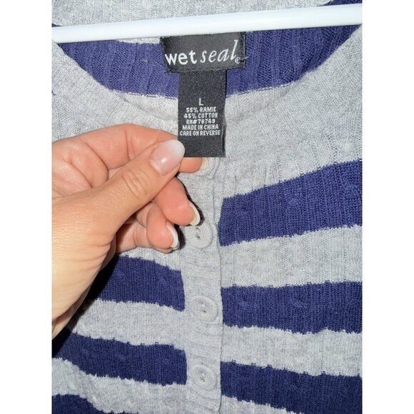 Wet Seal Vintage Y2K Knit Top Striped Blue Gray Buttons 3/4 Sleeves Sweater 1A - Picture 2 of 5